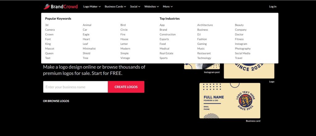 Screenshot of BrandCrowd Homepage with logo maker tools, keywords, and industry categories