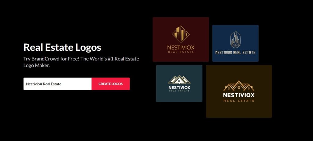 BrandCrowd real estate logo maker page showing logo templates and business name input