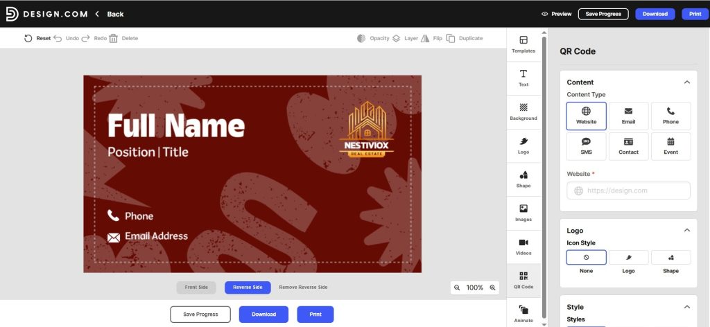 Design.com business card editing canvas with text, logo, QR code, and design tools