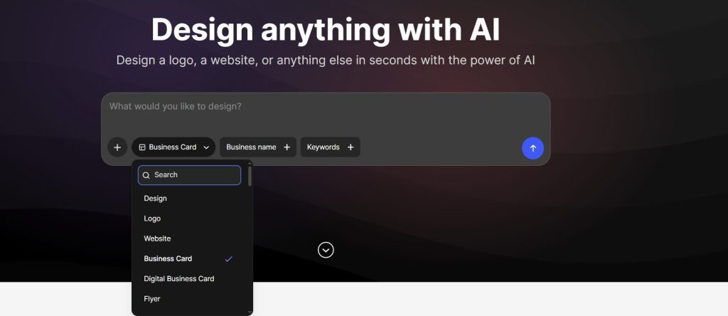 Screenshot of Design.com Homepage showing AI design tool and business card design options