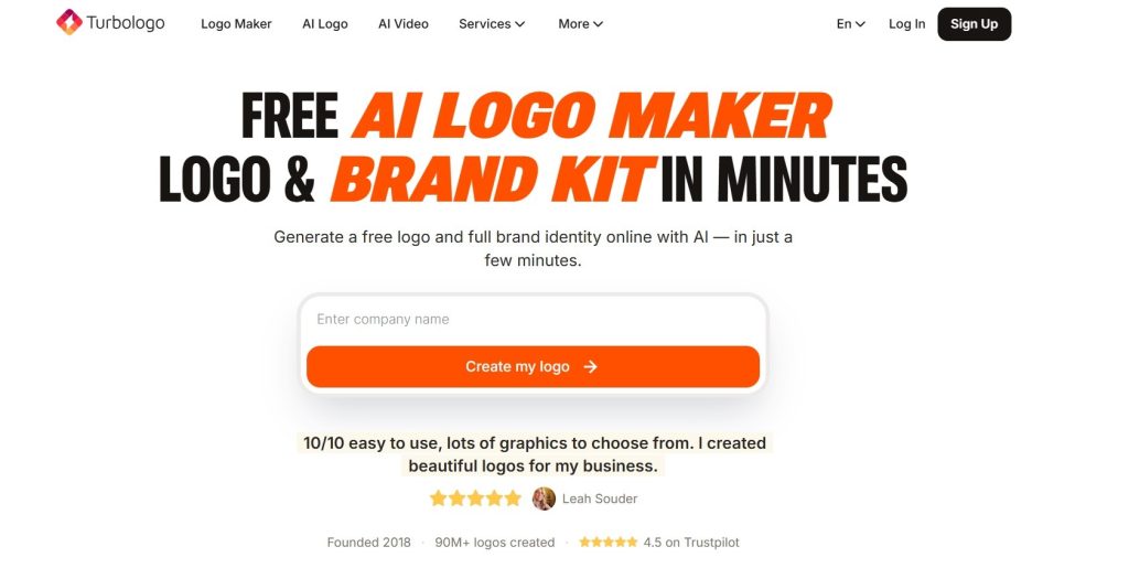 Turbologo AI logo maker homepage with company name input