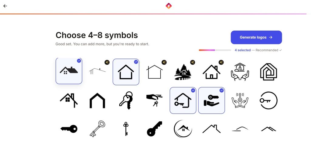 Turbologo symbol selection screen with real estate icons and selected symbols
