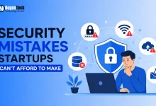 Illustration of a thoughtful professional at a laptop surrounded by cybersecurity alert icons with NogenTech branding.