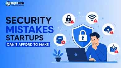 Illustration of a thoughtful professional at a laptop surrounded by cybersecurity alert icons with NogenTech branding.