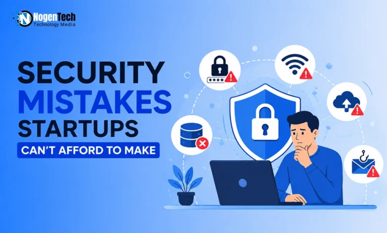Illustration of a thoughtful professional at a laptop surrounded by cybersecurity alert icons with NogenTech branding.