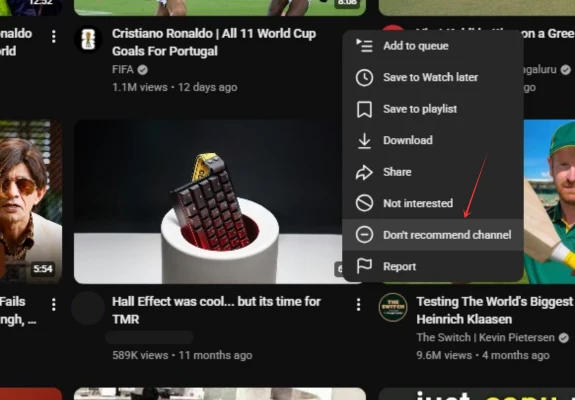 Selecting Don't Recommend on YouTube Desktop Video