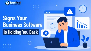 Frustrated businessman sitting at a laptop with error pop-ups and declining charts with NogenTech branding.