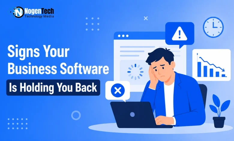 Frustrated businessman sitting at a laptop with error pop-ups and declining charts with NogenTech branding.