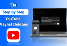 YouTube Studio delete playlist confirmation popup on laptop and mobile screen displays.