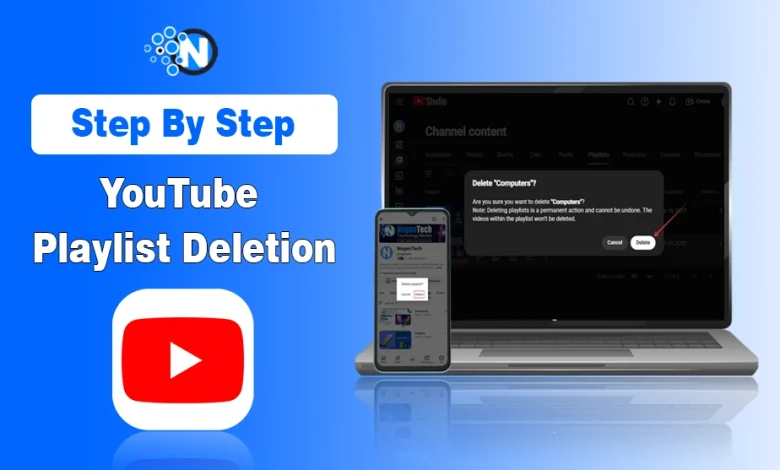 YouTube Studio delete playlist confirmation popup on laptop and mobile screen displays.
