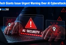 Hands typing on a laptop with red warning triangles and AI Security interfaces overlaid with NogenTech branding.