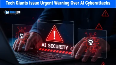 Hands typing on a laptop with red warning triangles and AI Security interfaces overlaid with NogenTech branding.