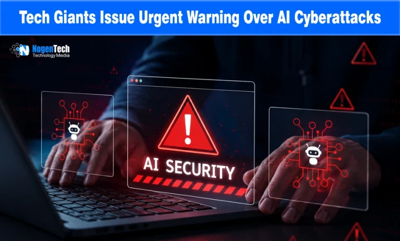 Hands typing on a laptop with red warning triangles and AI Security interfaces overlaid with NogenTech branding.