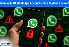 Hand holding a smartphone displaying the WhatsApp logo with a lock icon and warning symbols representing account lockouts.