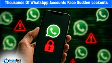 Hand holding a smartphone displaying the WhatsApp logo with a lock icon and warning symbols representing account lockouts.
