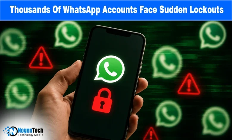 Hand holding a smartphone displaying the WhatsApp logo with a lock icon and warning symbols representing account lockouts.