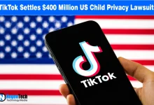 Smartphone showing the TikTok logo held against a blurred US flag background with NogenTech branding.