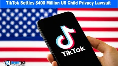 Smartphone showing the TikTok logo held against a blurred US flag background with NogenTech branding.