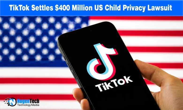 Smartphone showing the TikTok logo held against a blurred US flag background with NogenTech branding.
