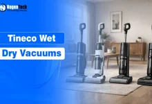 Four different models of Tineco wet dry cordless vacuum cleaners lined up on a living room rug with NogenTech branding.
