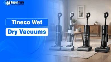 Four different models of Tineco wet dry cordless vacuum cleaners lined up on a living room rug with NogenTech branding.