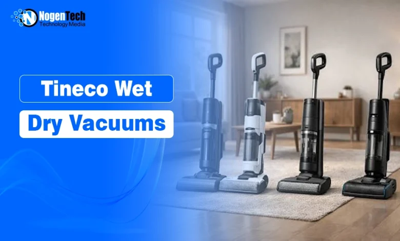 Four different models of Tineco wet dry cordless vacuum cleaners lined up on a living room rug with NogenTech branding.