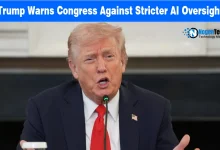 Donald Trump speaking at a microphone against stricter AI regulation.