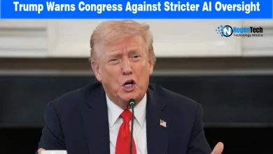 Donald Trump speaking at a microphone against stricter AI regulation.