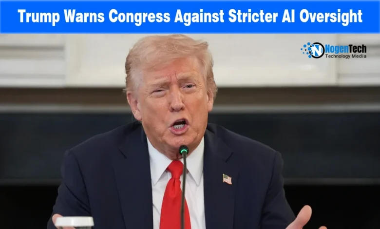 Donald Trump speaking at a microphone against stricter AI regulation.