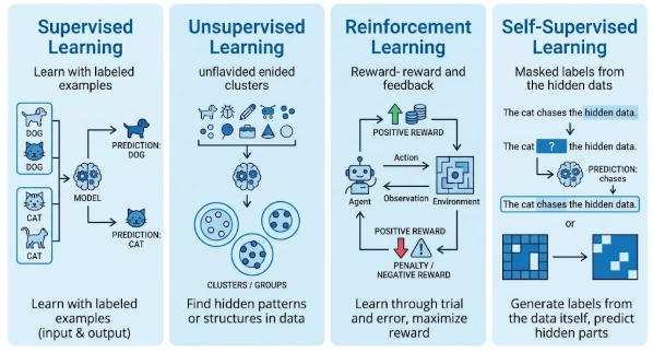 Visual Representation of Types of Machine Learning | Image Credit: NogenTech
