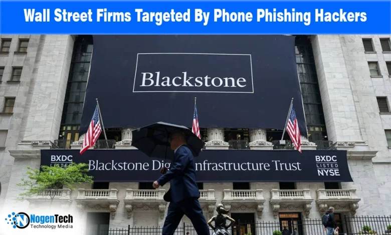 Exterior view of a Wall Street financial institution featuring a large Blackstone building banner.
