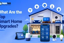 Smart home devices including a smartphone control app, smart speaker, camera, and house cross-section.