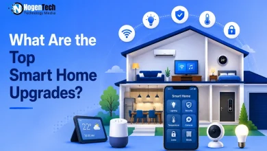 Smart home devices including a smartphone control app, smart speaker, camera, and house cross-section.
