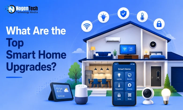 Smart home devices including a smartphone control app, smart speaker, camera, and house cross-section.