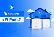 Illustration of Xfinity xFi Pods extending mesh WiFi coverage throughout a home.