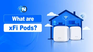 Illustration of Xfinity xFi Pods extending mesh WiFi coverage throughout a home.