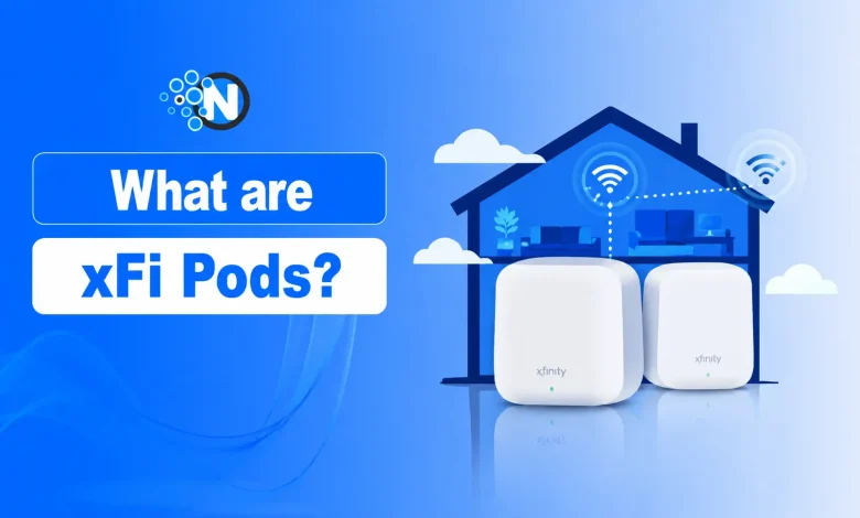 Illustration of Xfinity xFi Pods extending mesh WiFi coverage throughout a home.