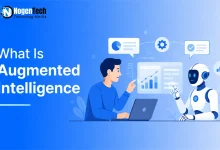 Man collaborating with an AI robot on data analytics at a desk with NogenTech branding.