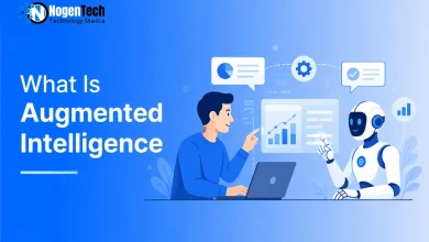 Man collaborating with an AI robot on data analytics at a desk with NogenTech branding.