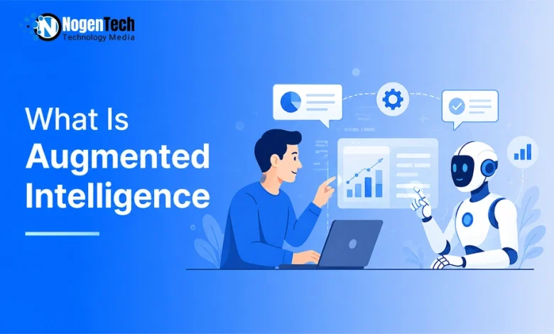 Man collaborating with an AI robot on data analytics at a desk with NogenTech branding.