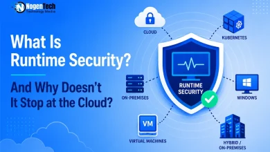 Infographic showing runtime security protection across cloud, Kubernetes, Windows, VMs, and on-premises systems with NogenTech branding.