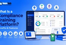 Desktop dashboard and laptop displaying compliance training metrics alongside OSHA, HIPAA, and SOX icons with NogenTech branding.