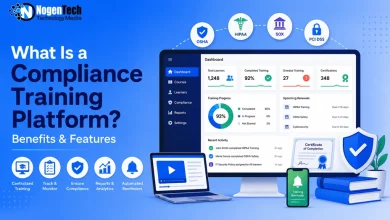 Desktop dashboard and laptop displaying compliance training metrics alongside OSHA, HIPAA, and SOX icons with NogenTech branding.