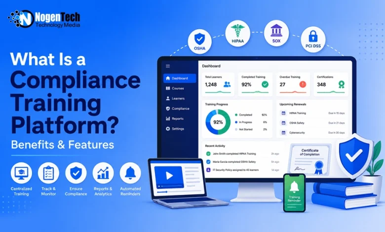 Desktop dashboard and laptop displaying compliance training metrics alongside OSHA, HIPAA, and SOX icons with NogenTech branding.