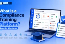 Laptop displaying a compliance dashboard next to a graduation cap and a checklist.