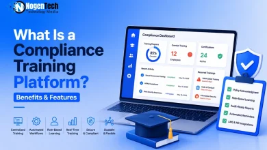 Laptop displaying a compliance dashboard next to a graduation cap and a checklist.