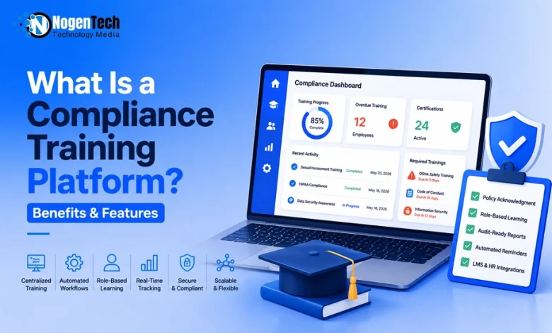 Laptop displaying a compliance dashboard next to a graduation cap and a checklist.