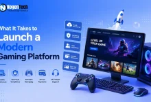 Gaming monitor displaying a UI dashboard next to a rocket icon, controller, and key infrastructure feature nodes.