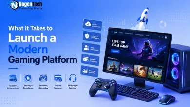 Gaming monitor displaying a UI dashboard next to a rocket icon, controller, and key infrastructure feature nodes.