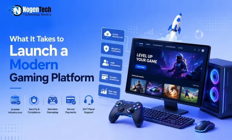 Gaming monitor displaying a UI dashboard next to a rocket icon, controller, and key infrastructure feature nodes.